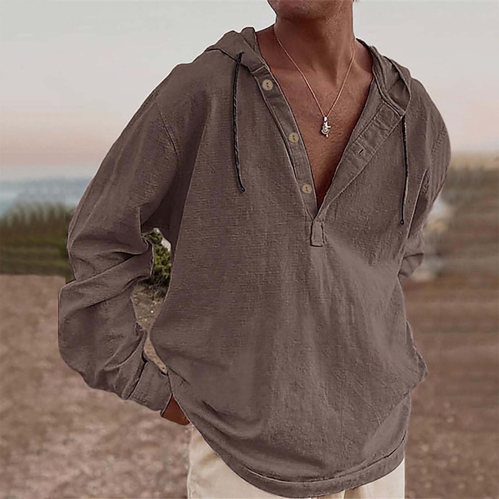 

Мужские топы с длинным рукавом, модные, с V-образным вырезом, на пуговицах, худи, 2025, повседневного кроя, с капюшоном, пуловеры, весенняя, осенняя одежда M коричневый