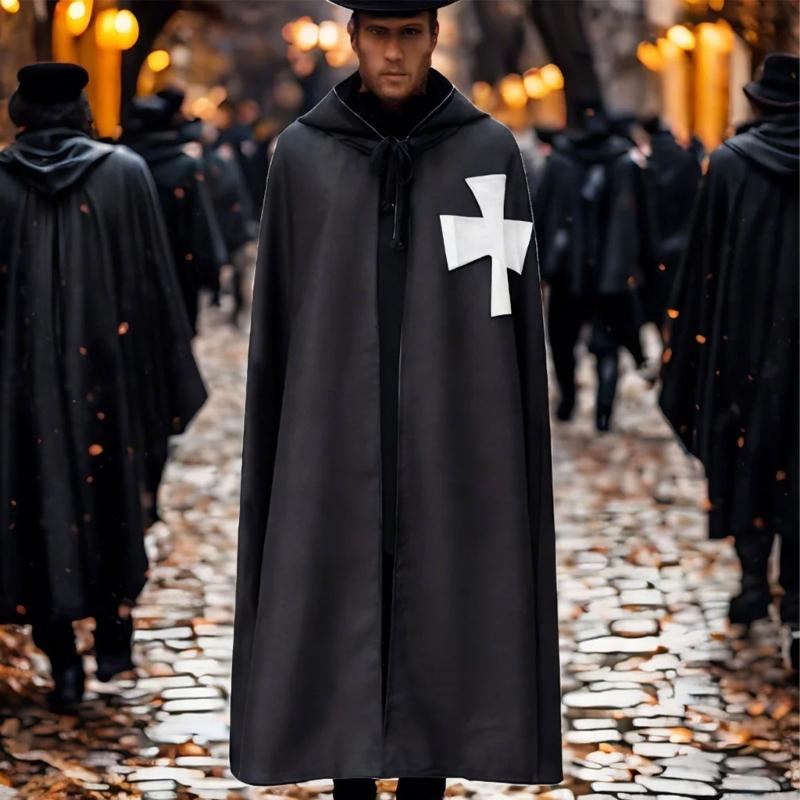 Medieval Cosplay Cloak Hospitaller Hooded Cape Medieval Cosplay  Cloak Costume White/Black Cape Halloween Cloak Costume