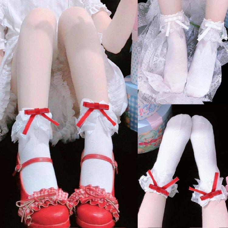 Calzini da Caviglia da Donna con Fiocco Dolce e Nodo Giapponese Carino con Pizzo Arricciato in Cotone