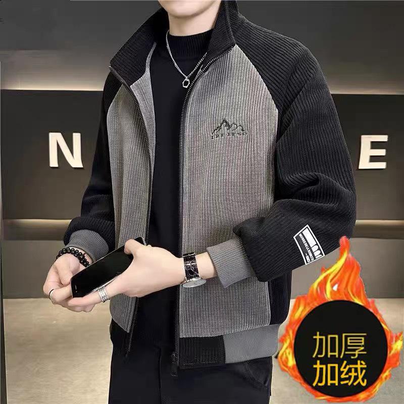 

2026 Autumn and Winter New Velvet Thickened Men s Stand-up Collar Jacket Korean Version Splicing Casual Corduroy Jacket Men L recommends 90-55kg