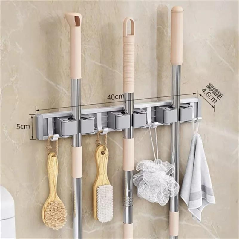 3/4 Hooks Gray Mop Holder Broom Organizer Rack Mop Holder Wall Mounted Strong Broom Mop Holder Self Organizers Hang Broom