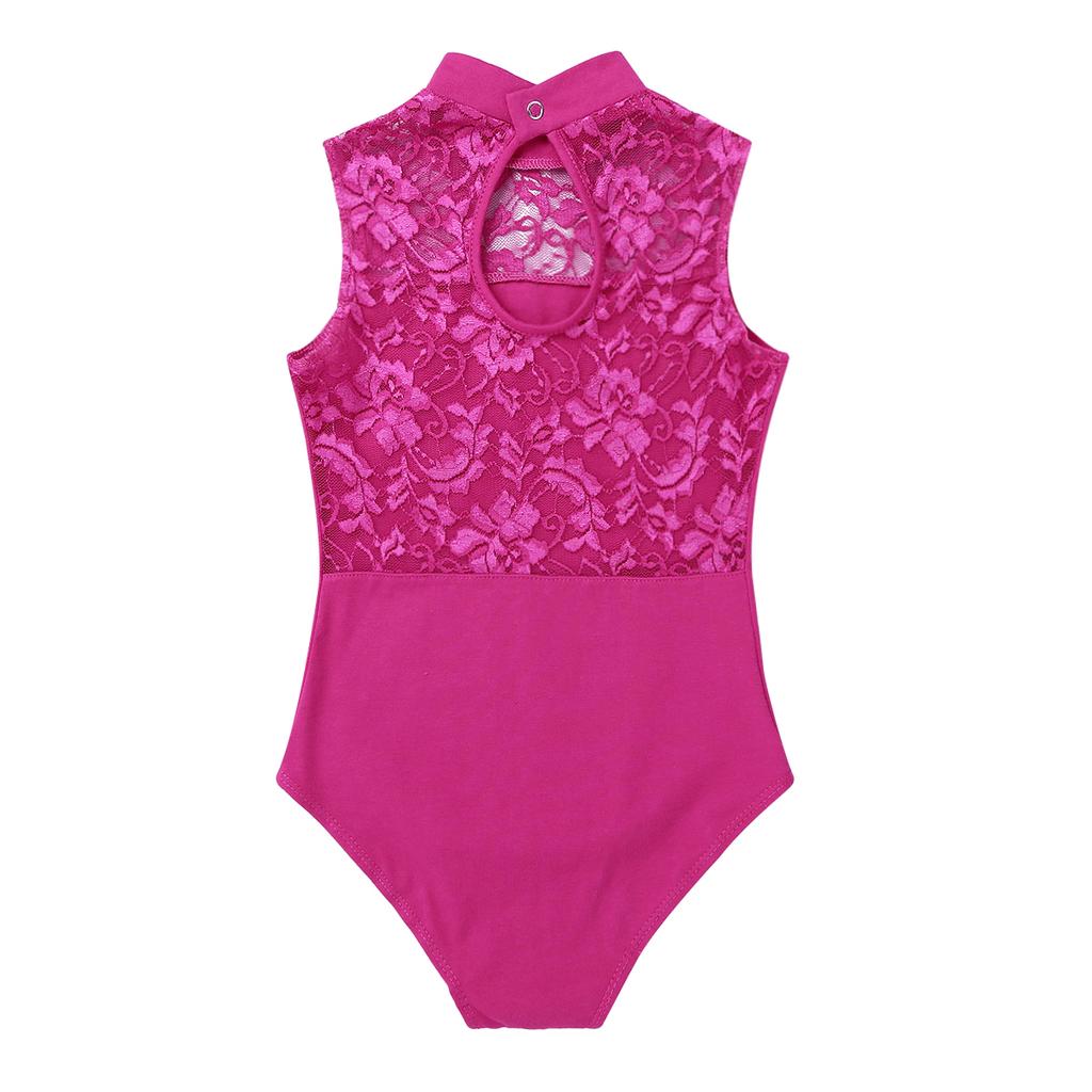 Kids Girls Ballet Dance Gymnastics Leotard Lace Turtle Neck Lace Back Sleeveless