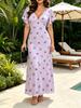 Women's Lavender V Neck Maxi Dress with Polka Dot Print Flare Sleeve Casual Party Dress for Summer