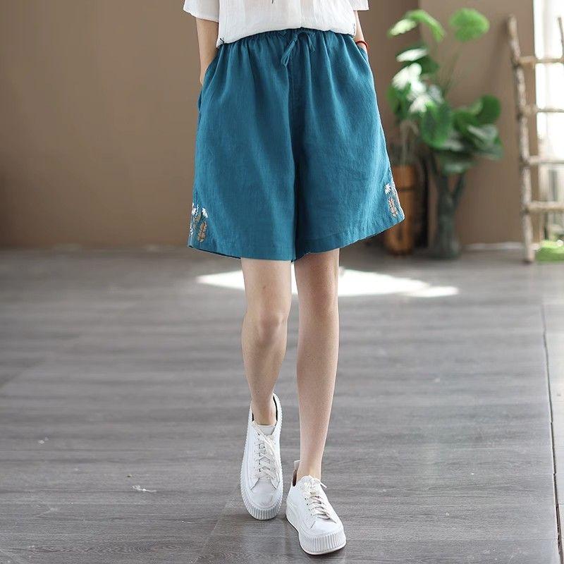 Women's High Waist Embroidered Shorts Breathable Literary Retro Cotton Linen Casual Pants