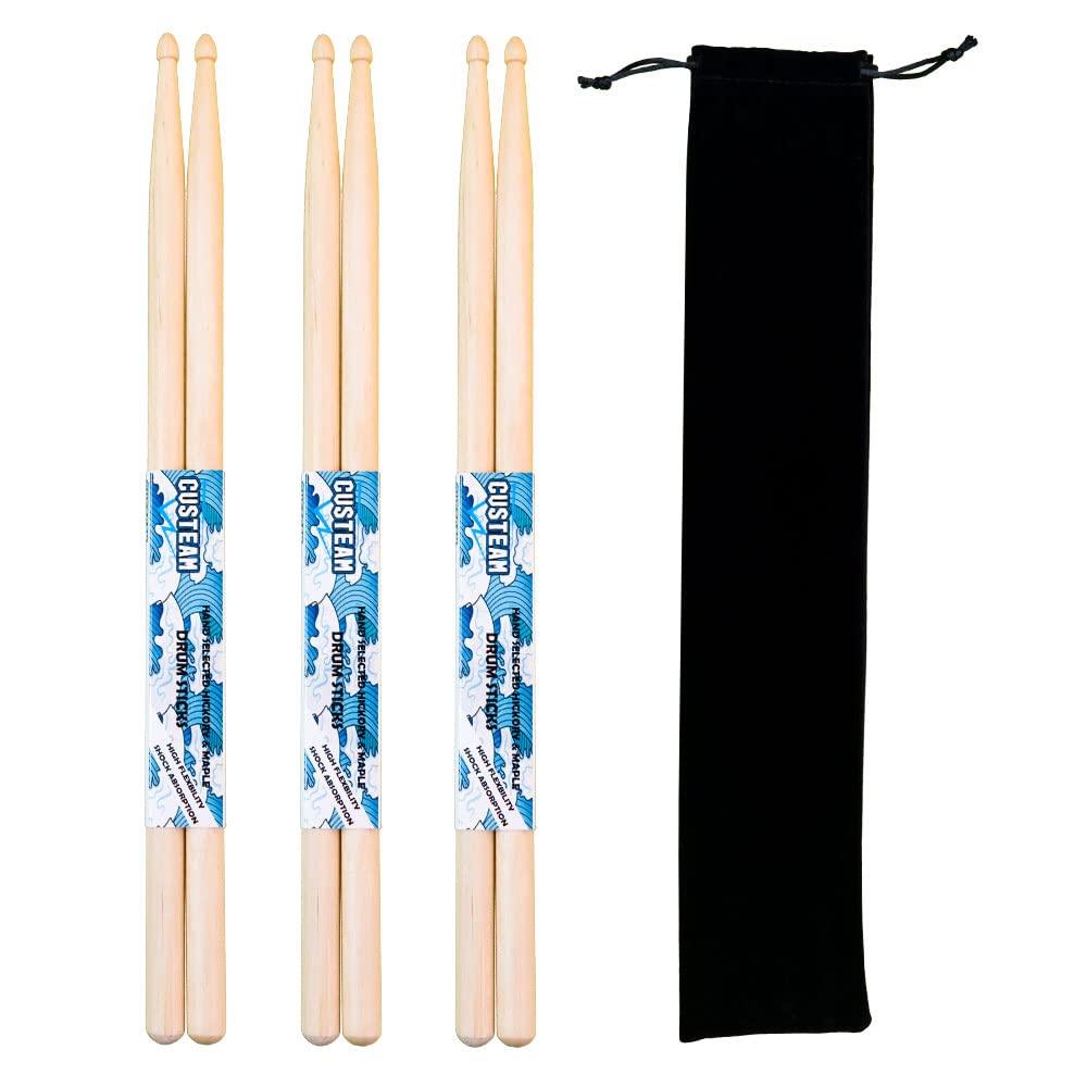 CUSTEAM 5A Maple Drumsticks for Practice, Set of 3 Pairs (6 Sticks), 42.5 X 5 X 3.5 Cm