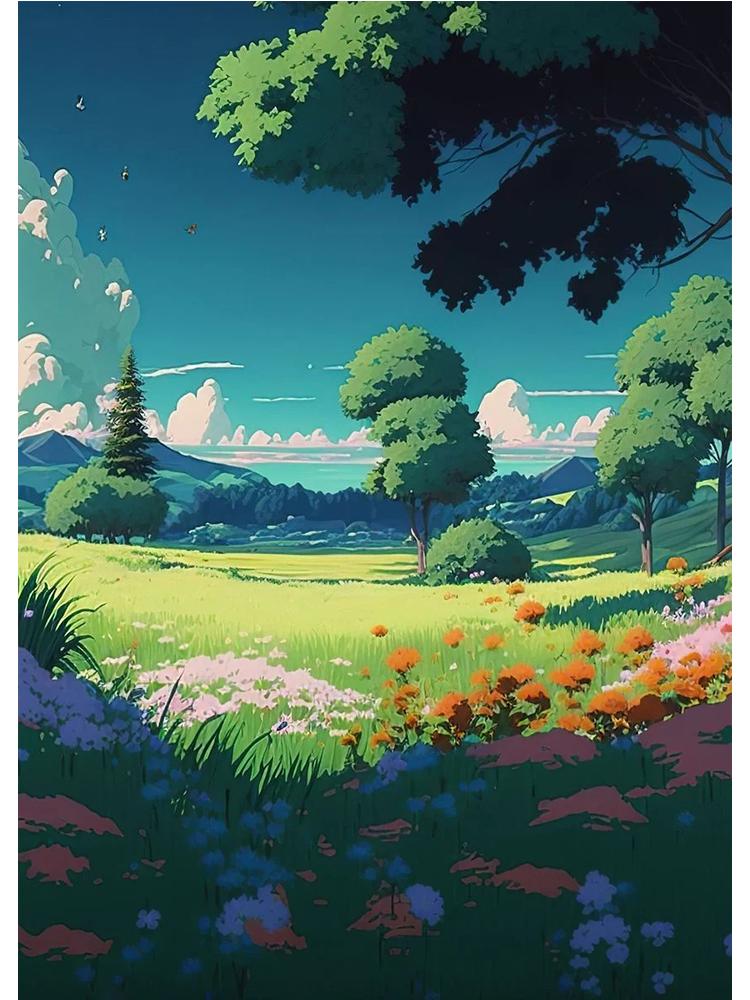 Vintage Japan Feld Natur Landschaft Poster Leinwand Malerei Gras Wolke Bäume Anime Wand Kunst für moderne Wohnzimmer Home Decor