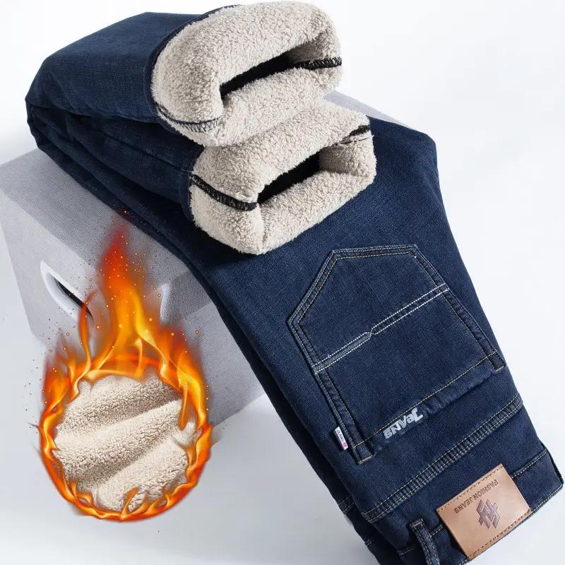 Winter Warm Fleece Jeans Men Straight Stretch Thick Casual Thermal Denim Pants Male Business Work Trousers Men Clothing