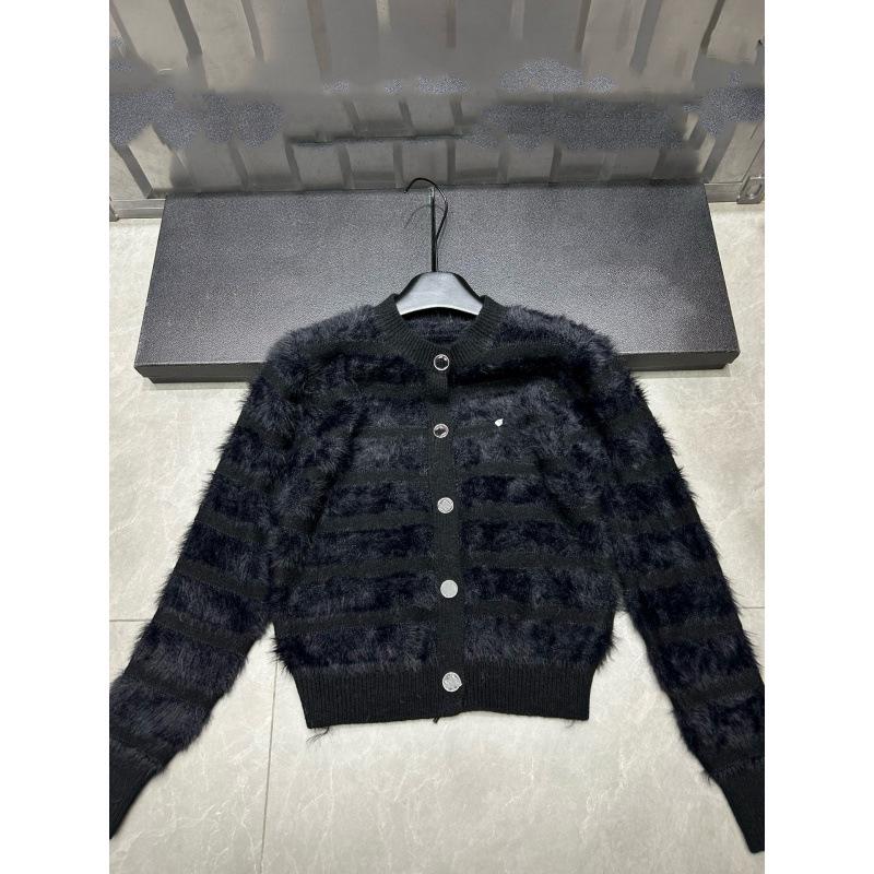 Xiangjia Mink Fur Color Block Striped Cardigan Sweater - Autumn/Winter, Round Neck, Long Sleeve, Loose Fit.