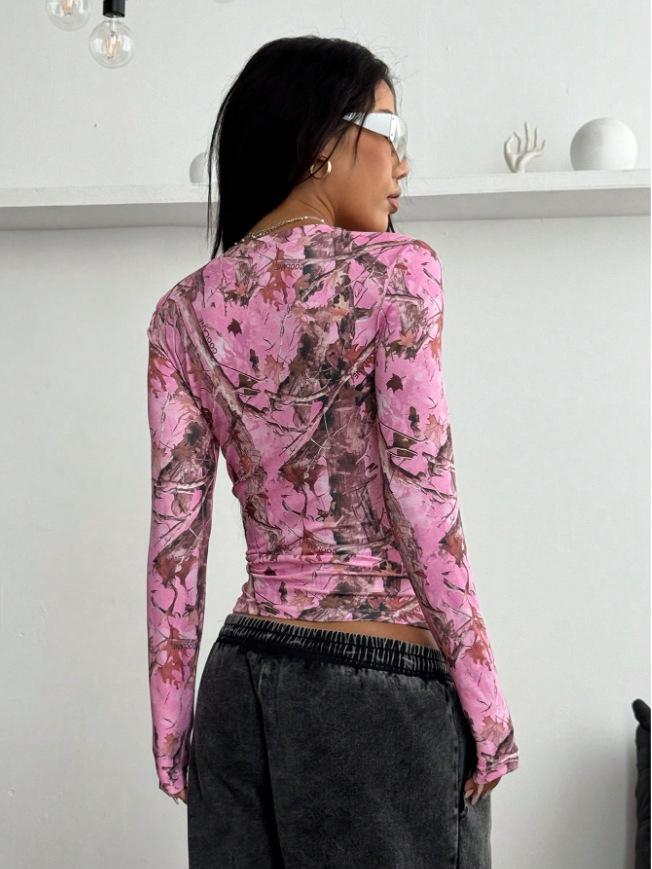 2025 Autumn European & American Style: Spicy Girl Sexy V-Neck Printed Long Sleeve Women's T-shirt