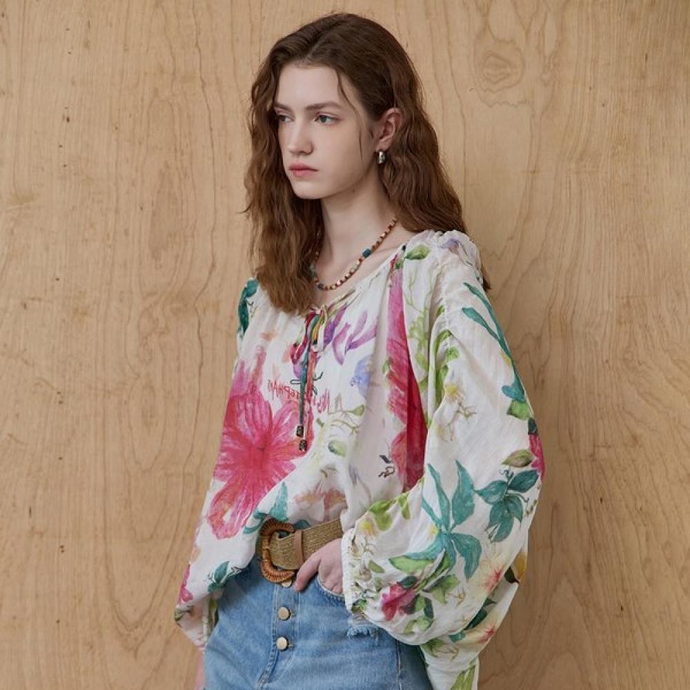 Maxza Ethnic Bohemian Flower Linen Blouse Ze07qb033nh Ivory/FREE