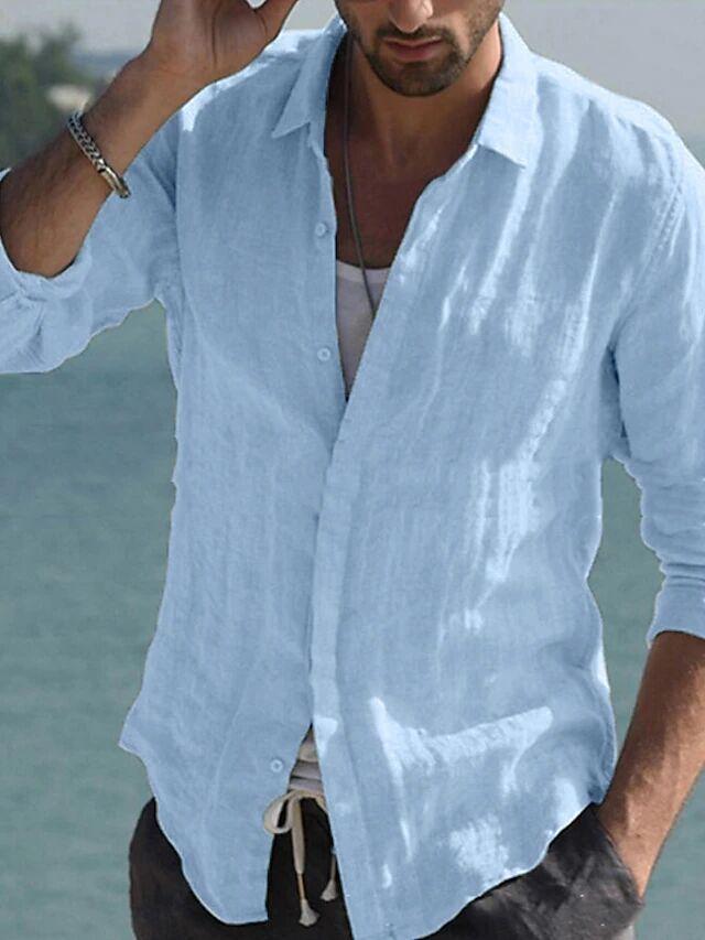 Men's Cross-Border Linen Spring and Summer Beach Long Sleeve Solid Color Casual Shirt Daily Shirt