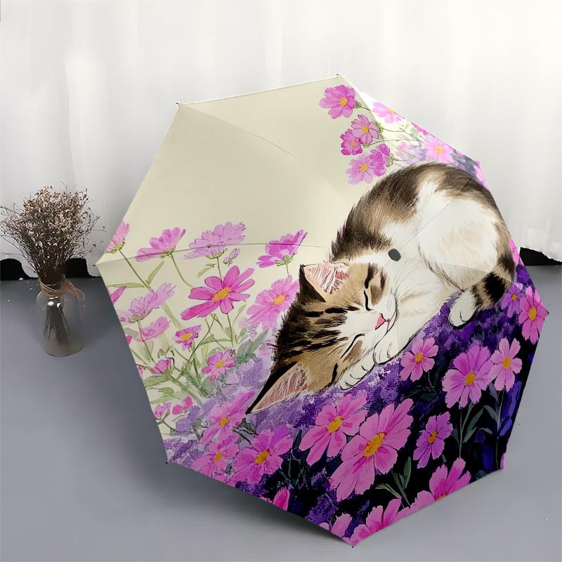1pc Floral Cat Garden Scene Umbrella with Plastic Handle,Vibrant Cartoon Pattern,Multi-functional UmbrellaPT173