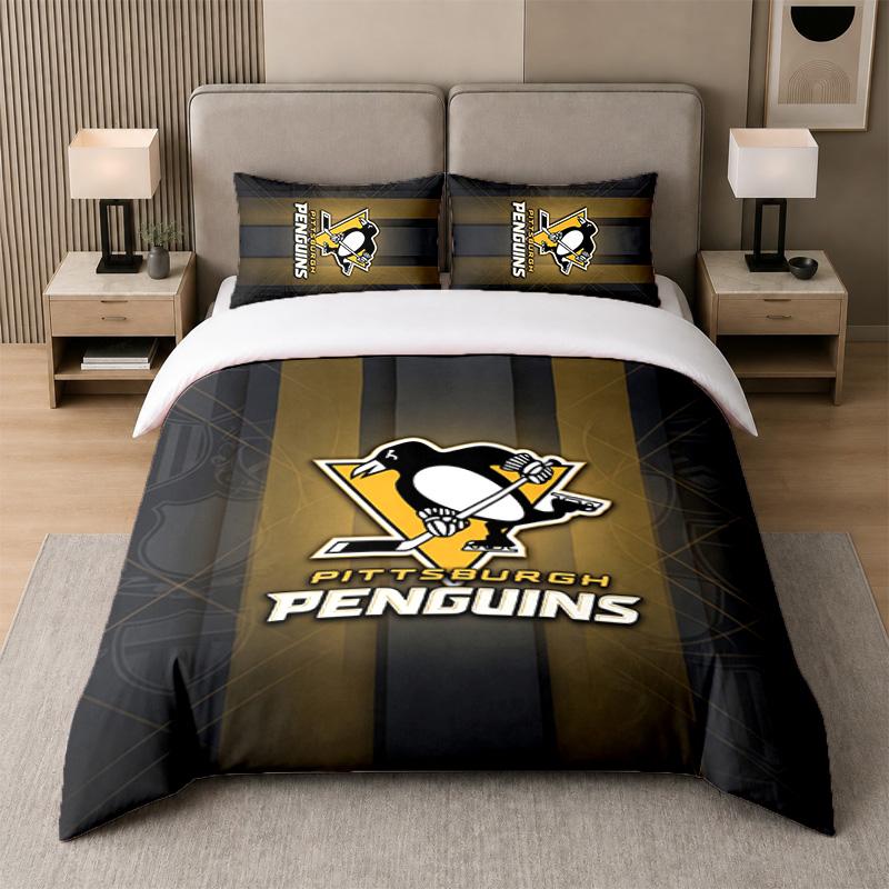 3Pcs Bedding SetPittsburgh Penguins Soft Bed Sheet and Two Pillowcases Home Bedroom Decor
