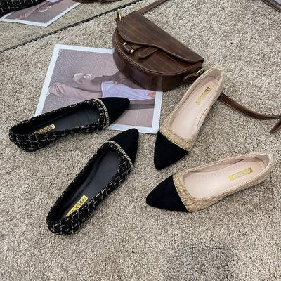 Sapatos individuais femininos nova versão coreana bico fino vento pequeno fragrante boca leve saltos baixos moda xadrez combinação de cores sapatos da moda