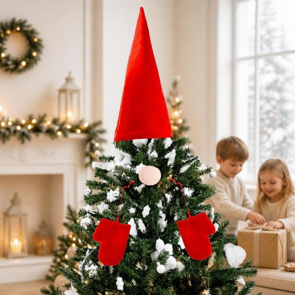 Red Christmas Tree Top Decorations Cute Creative Santa Hat Ornament DIY Decor Props Xmas Tree Top Hat Merry Christmas