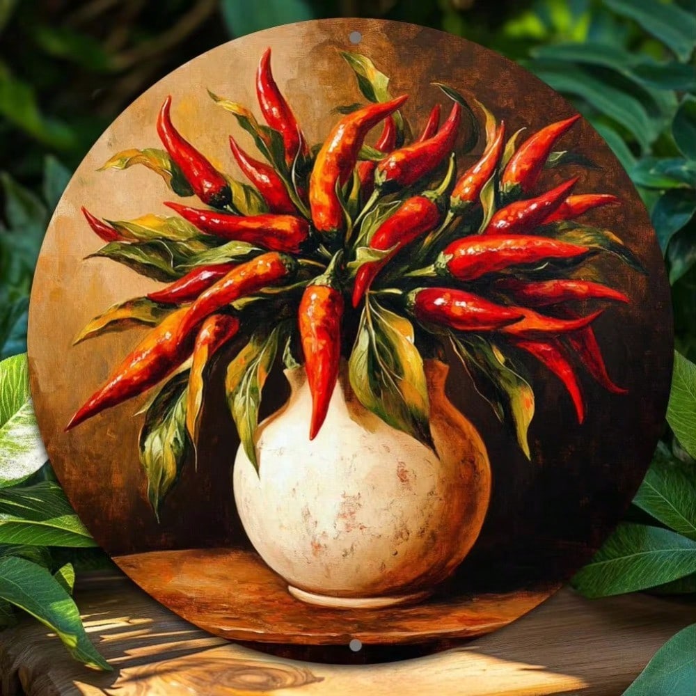 2D Round Aluminum Tin Sign 8x8 Inch Chili Pepper Vintage Wall Decor Rustproof Bar Kitchen