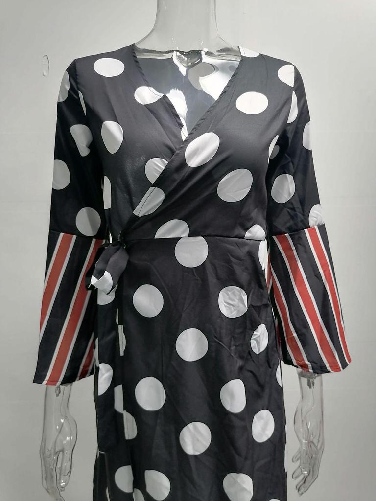 2025 European American V-Neck Tie-Up Long Sleeve Printed Dress for Autumn/Winter