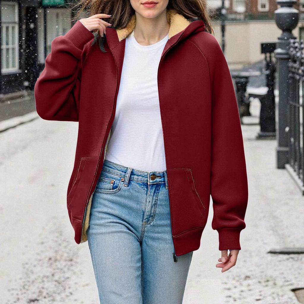 Women's Fashion Solid-Colour Thickened Hooded Sweatshirt With Zip-Up Fleece-Lined Sports Jacket