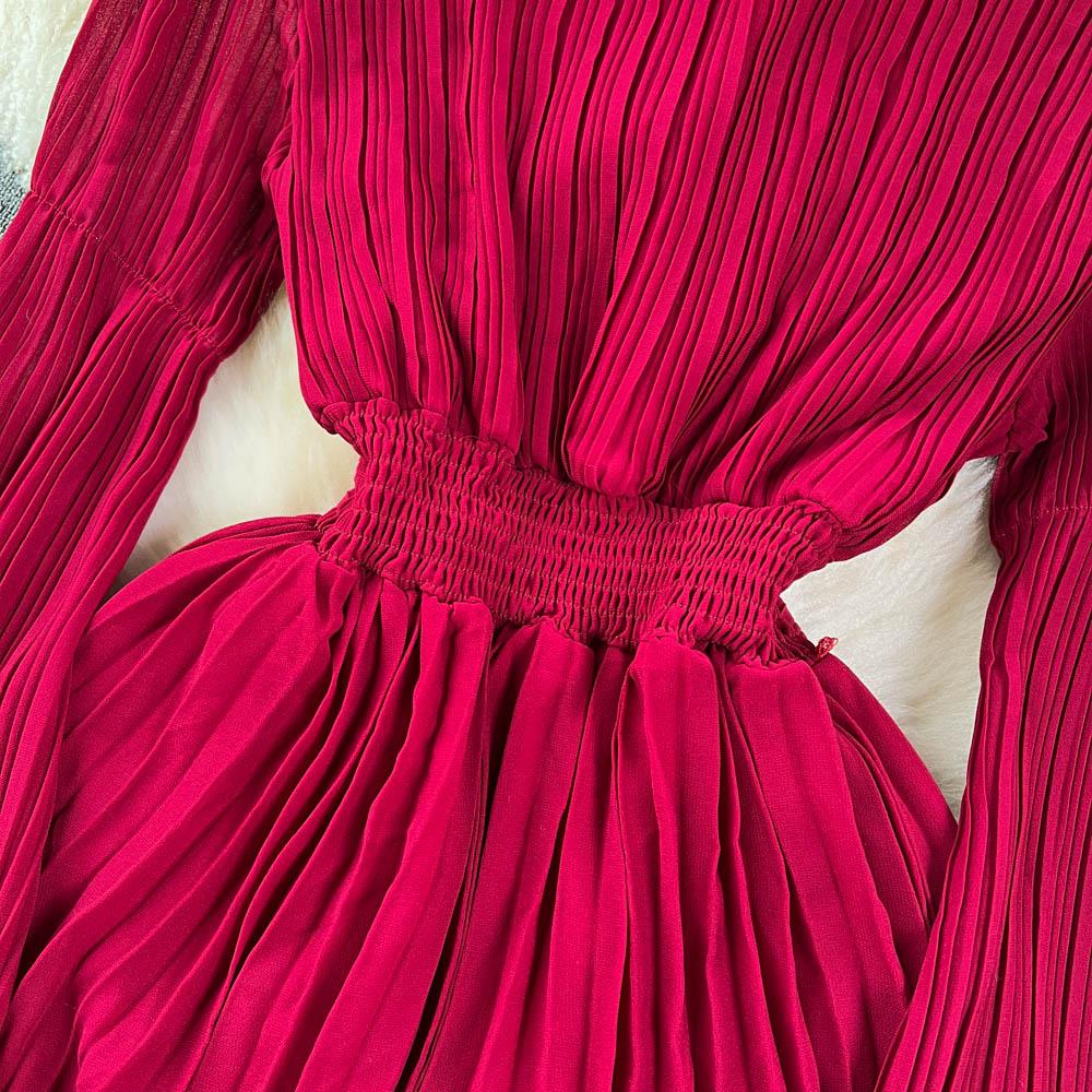 Herbst Vintage Frauen Chiffon Gefaltete Lange Kleid Elegante Halter Aushöhlen Flare Hülse A-Line Drapierte Maxi Weibliche Neue