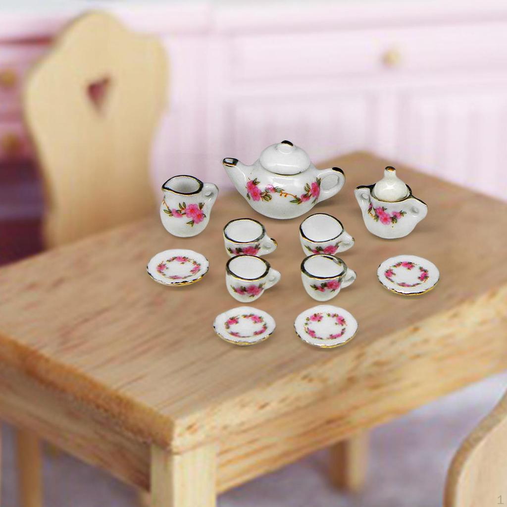 11 Pieces Mini Dollhouse Tea Set Ornament Kitchen Decorated Playset Ceramic Party Accessories