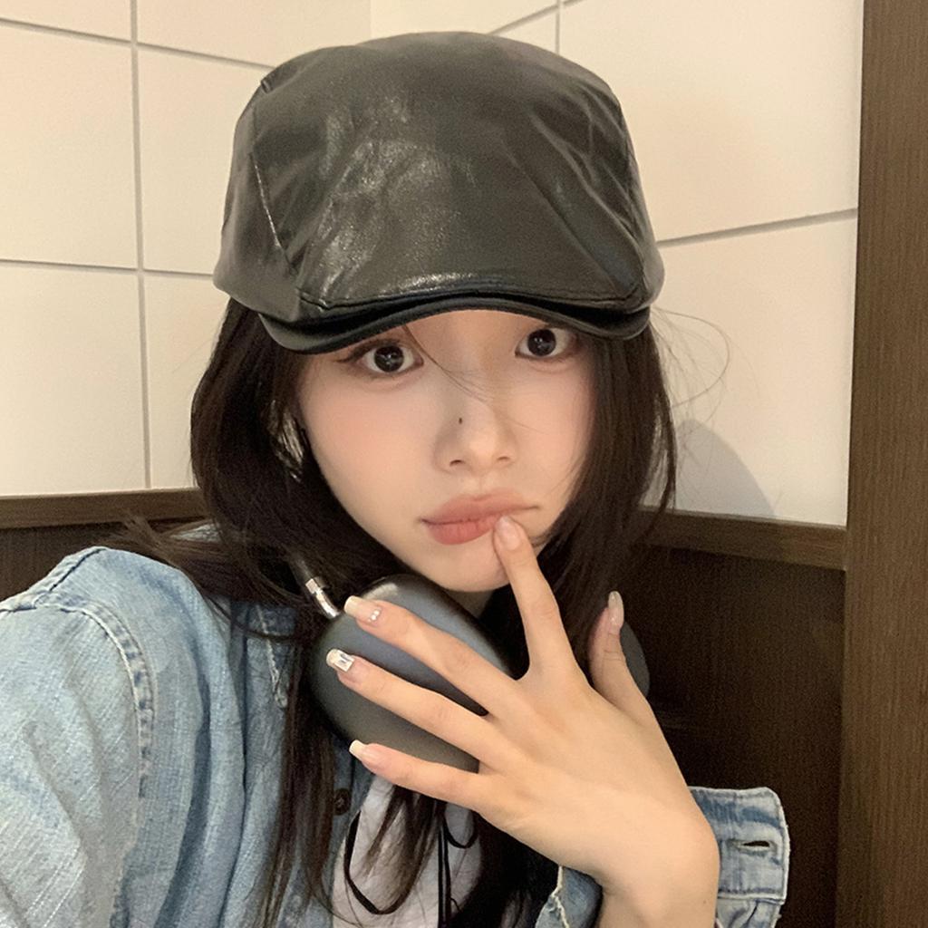 Women Solid Color PU Leather Beret Cap Retro Japanese Korean Girl Forward Caps Spring Autumn Newsboy Sunshade Peaked Hat