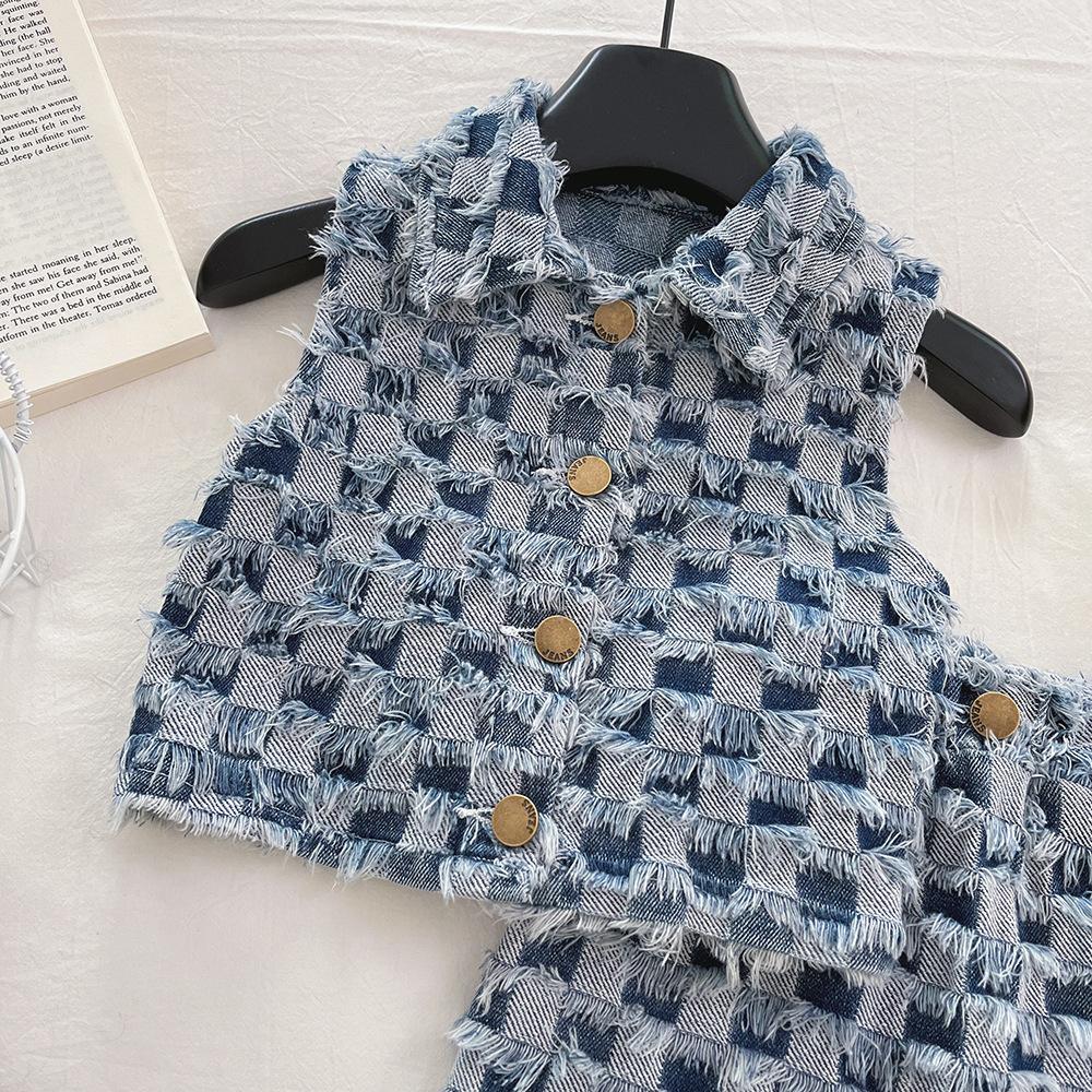 Completo Estivo in Denim per Bambina Nuovo Set Due Pezzi Gilet in Denim a Quadri + Gonna per Neonate