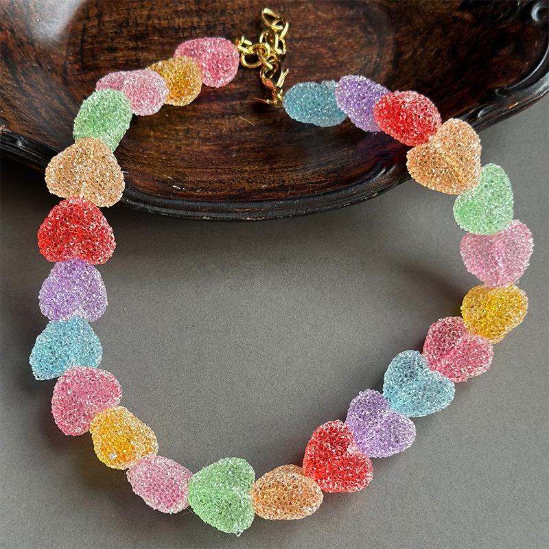 Cute Candy Color Heart Resin Necklace: Sweet Dopamine Design Choker