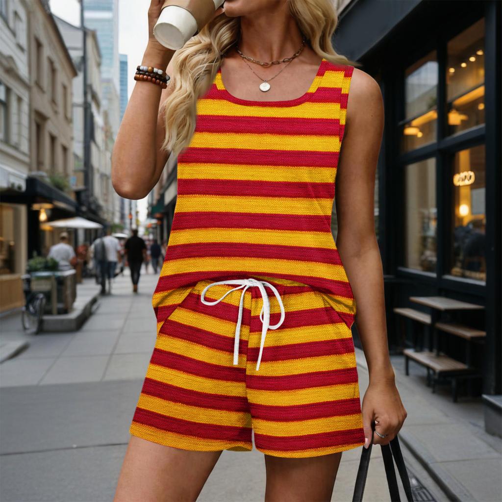 Women's Summer Casual Shorts Two-Piece Set with Striped Print Vest, Square Neck, Sleeveless Sportswear with Pockets