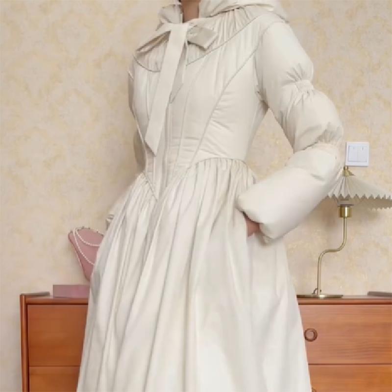 Women Chic Solid Maxi Dress Puff Jacket Slim Fit S Line Big Hem Warm Long Robes Coat Outfit Lady High Street Outwear