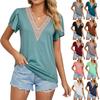 Spring Summer Gold Lace V-neck Tile Short Sleeved Solid Color T-shirt Top T-Shirts Women’s