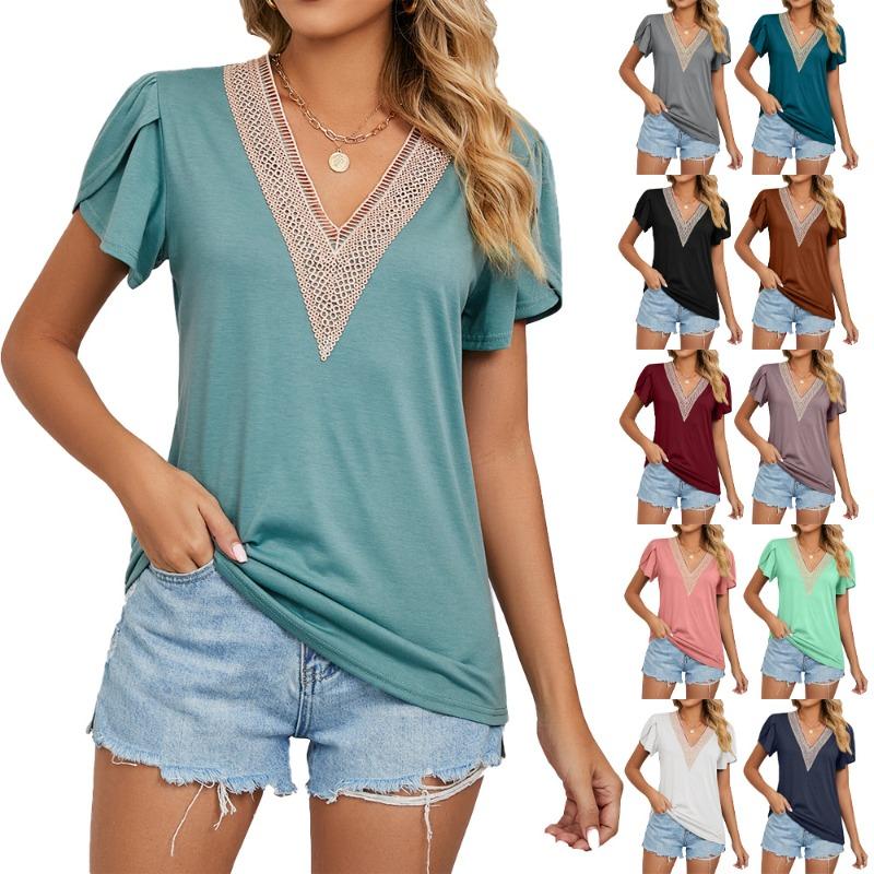 Spring Summer Gold Lace V-neck Tile Short Sleeved Solid Color T-shirt Top T-Shirts Women’s