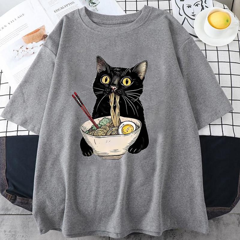 Noodle Ramen Cat T-Shirt Foodie Lover T Shirts Black Cat Noodle T-Shirts Retro Casual Short Sleeve Tshirt for Men Women Clothes