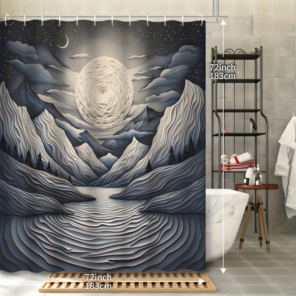 1pc Three-dimensional Effect Creative Abstract Art Geometric Lines Starry Sky Moon Mountains Rivers Shower Curtain, 12 Hooks