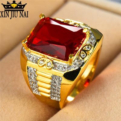 Big Red Stone S925 Ring Fashion 18KT Yellow Gold Filled Vintage Wedding Engagement Rings for Men Gifts for Men