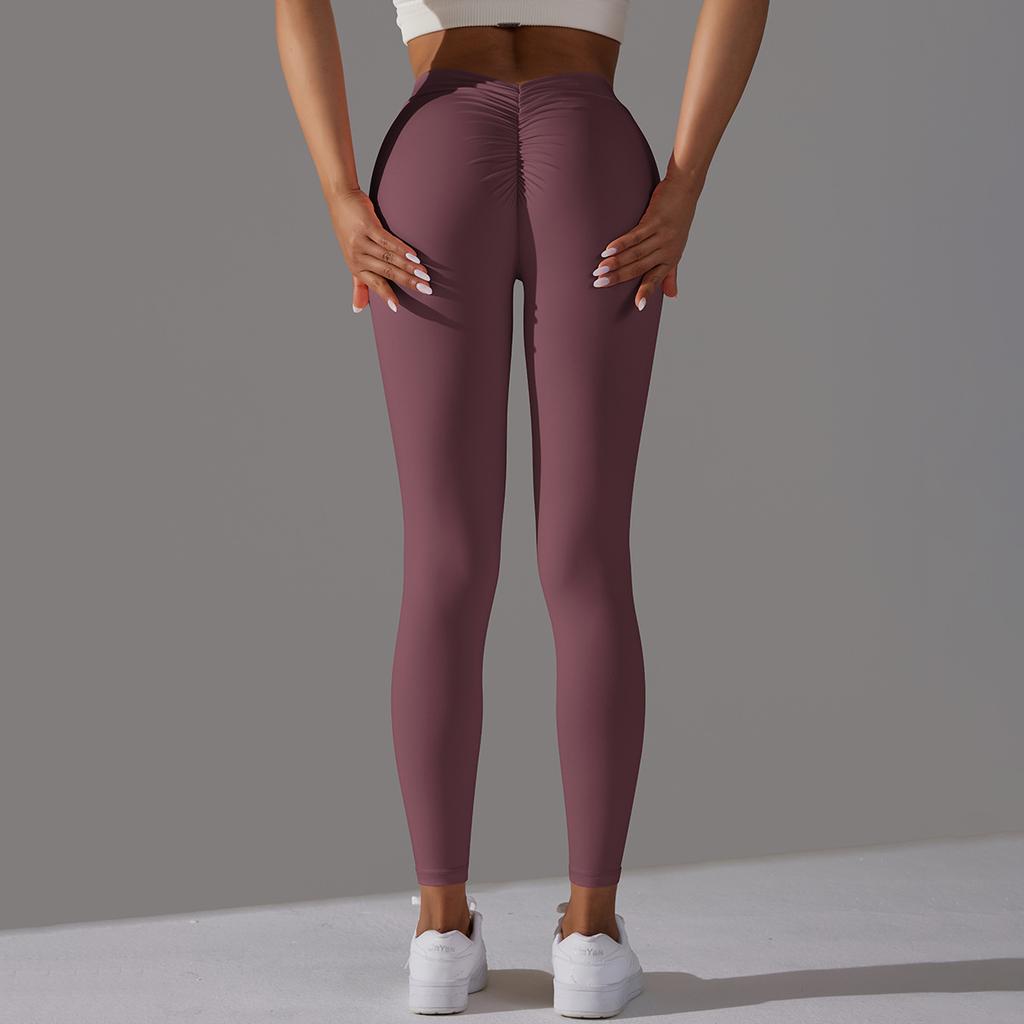 Brushed V-waist Pleated Solid Color Peach Hip Yoga Pants For Sports, Running, Fitness, Tight Fitting Cropped Pants