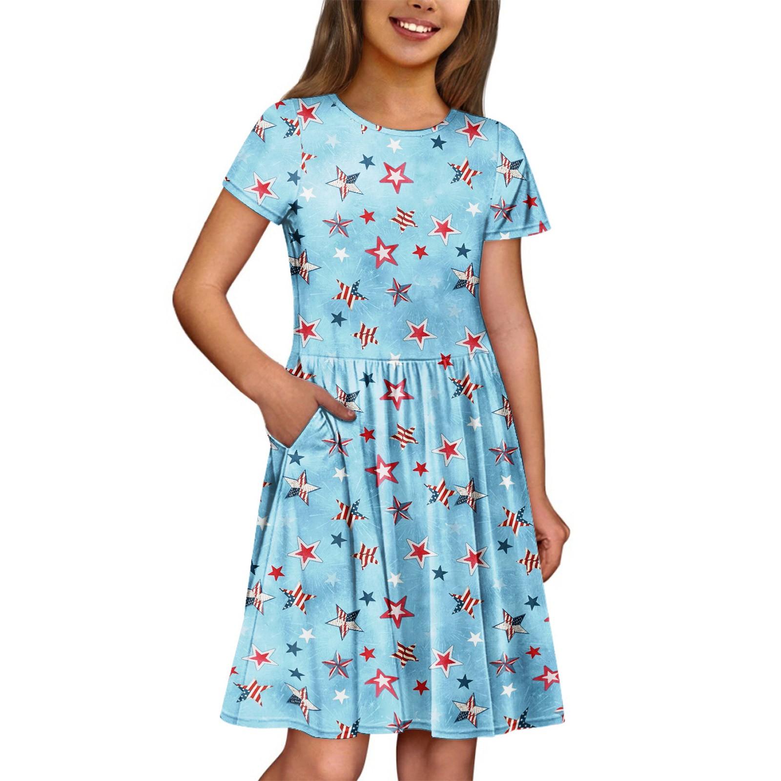 

Летнее платье для девочек, однотонное платье без рукавов с принтом и карманом, повседневное платье, вечернее платье с короткими рукавами 110