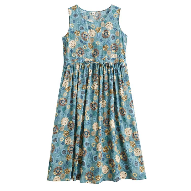 2025 Mori Girl Pastoral Cotton Linen Floral Sleeveless Plus Size Dress