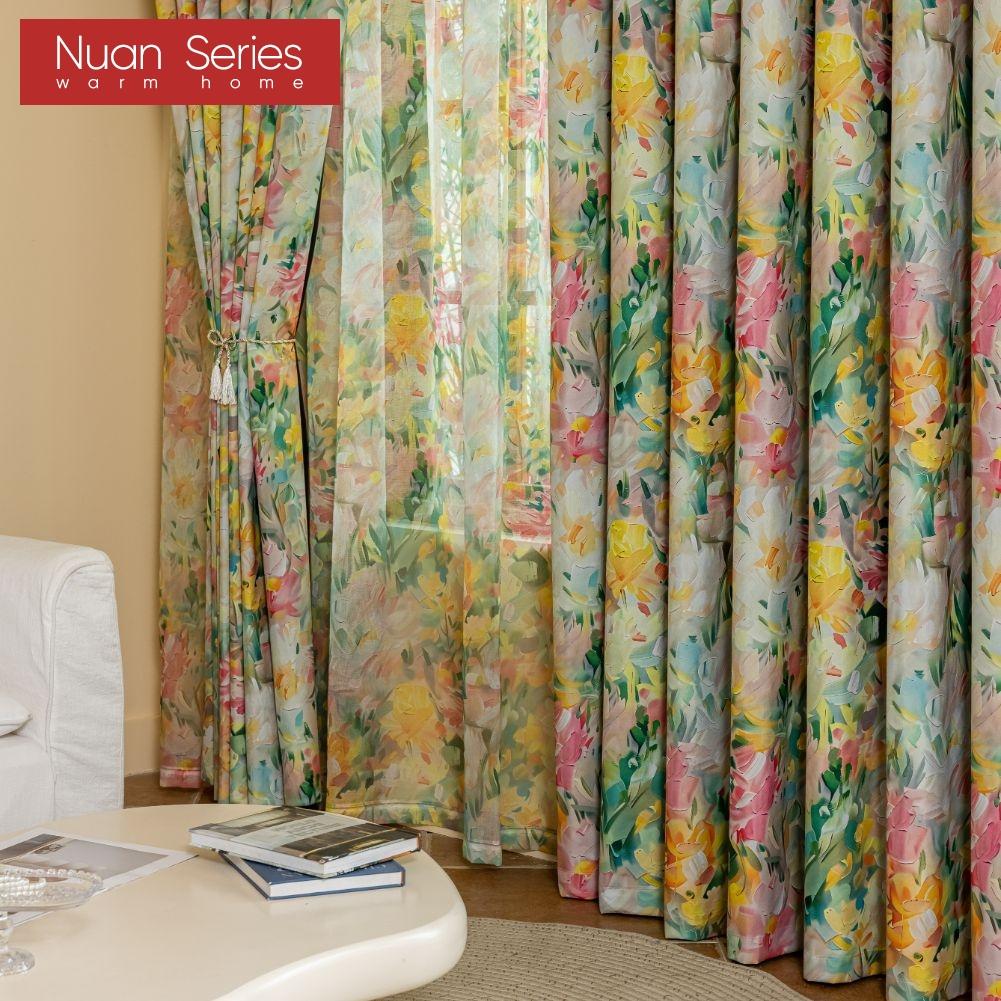 1 Stück Nuan Serie Europäischer Pastoralstil Bedruckte Bunte Vorhänge Vollverdunklungsvorhänge für Schlafzimmer Wohnzimmer Balkonfenster zur Heimdekoration