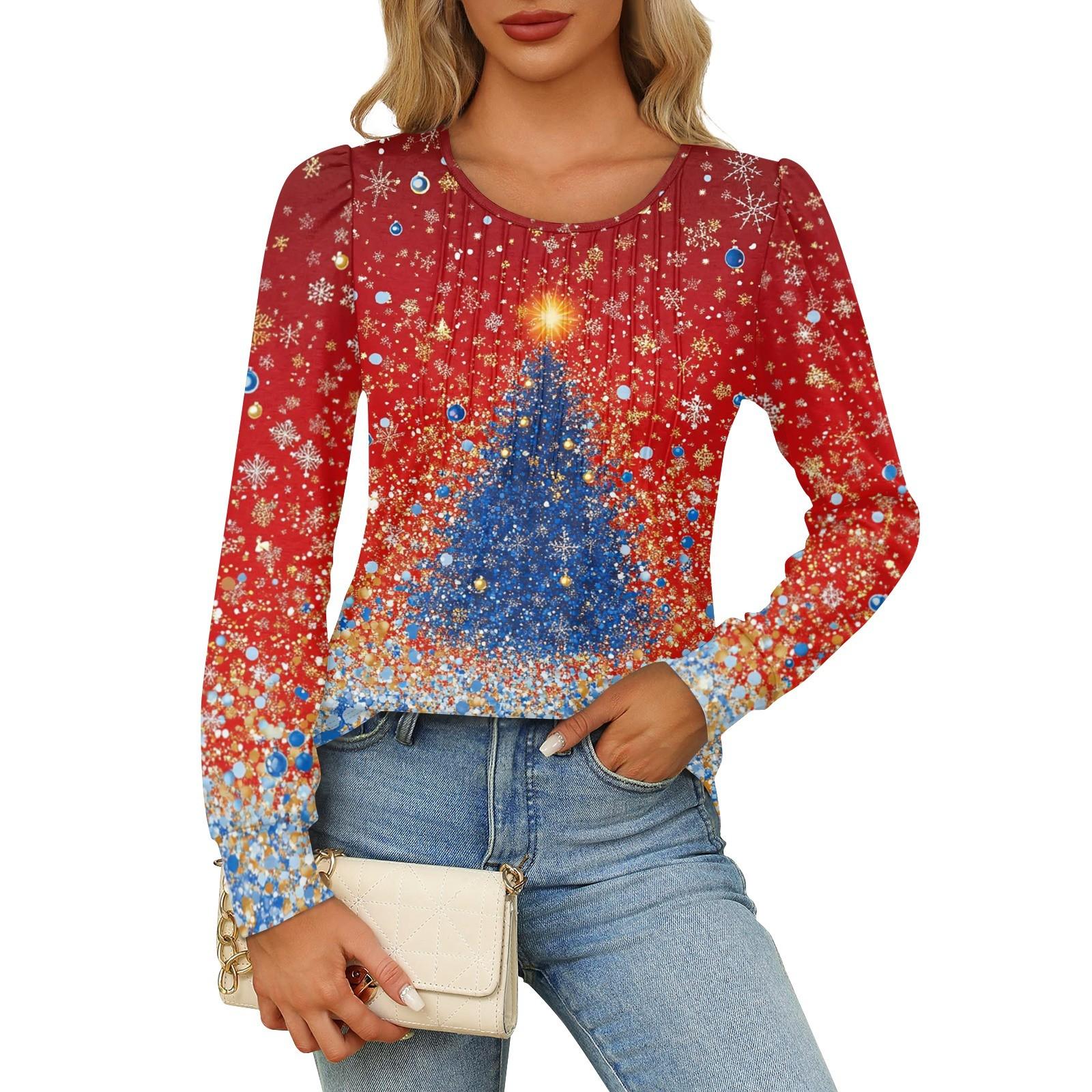 

Рубашки с длинным рукавом для женщин Милые принты Графические футболки Блузки Нарядные повседневные блузки Плиссированные туники с круглым вырезом Топы Рождество XL
