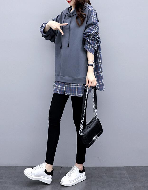 6535 Cotton Women's Fake Two-Piece Hooded Sweatshirt, Korean Style, Loose Fit, Spring/Autumn 2022 Trend.