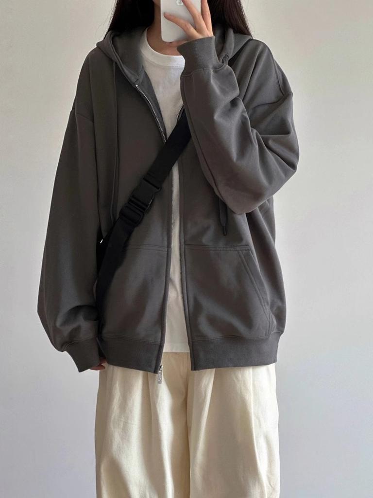 Lazy wind premium graue Strickjacke Damen lässig sportlich mit Kapuze Reißverschluss Top Cardigan vielseitig