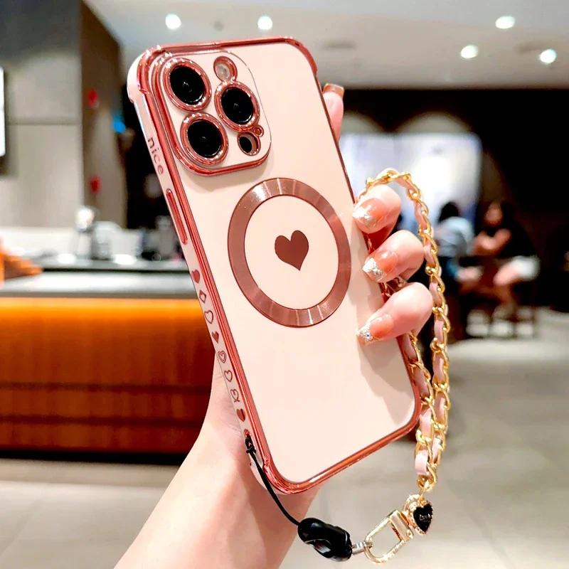 Plating TPU Case For iPhone 17 16 15 14 13 12 Pro Max Plus Air 16Pro 15Pro 14Pro for Magsafe Charge Wrist Lanyard Bracelet Cover