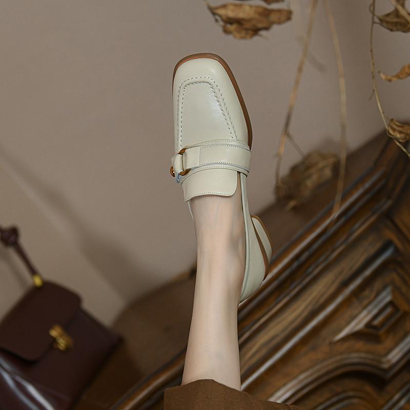 Fashion 2025 New Spring Women Shoes Cow Leather Loafers Shoes Women Square Toe Thick Heel Pumps Women Black Shoes Zapatos De Mujer