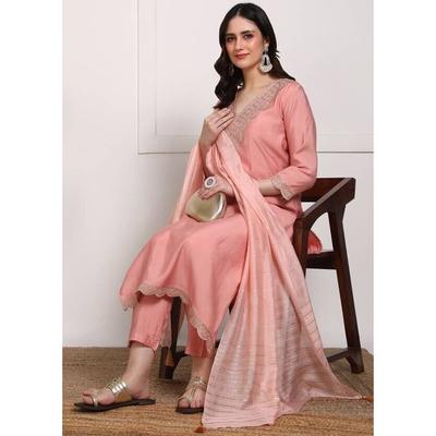 Indisches Damen-Set aus reiner Seide, Kurti, Hose, Dupatta, bestickt, Salwar Kameez, Party, VF-20155