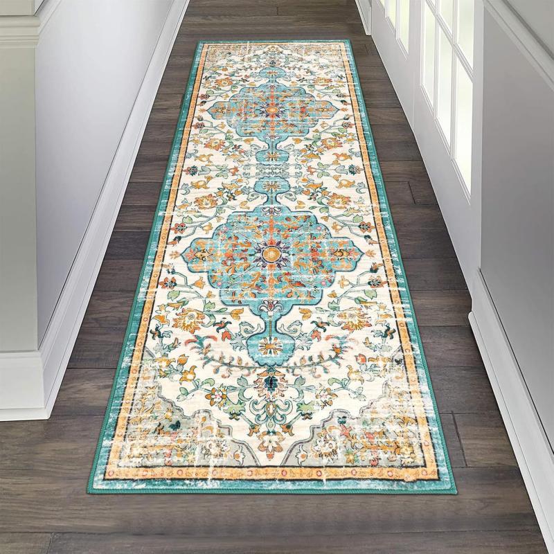 Farmhouse Vintage Runner Rug Brown Cream Medallion Floral Design Non Slip Mat For Hallway Kitchen Entryway Decor