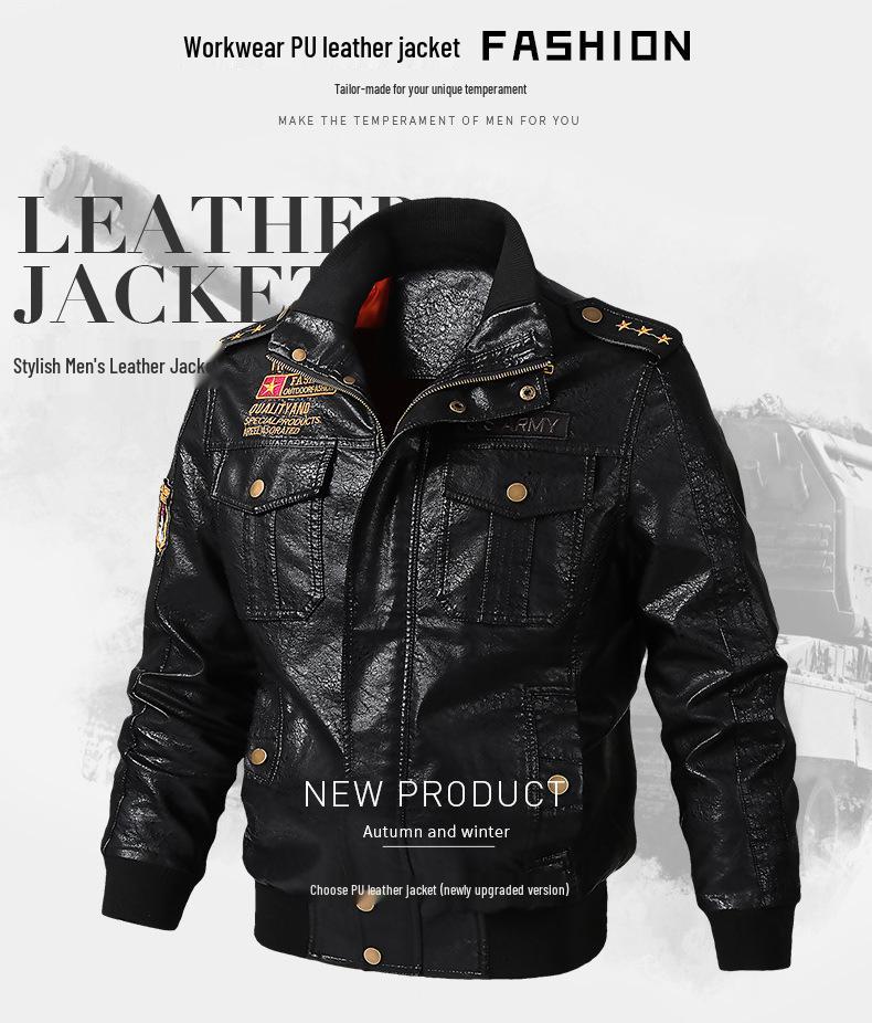 Chaqueta de Cuero para Motociclista con Forro de Terciopelo Otoño/Invierno 2026 para Hombre - Estilo Béisbol Bordado Juvenil de Moda