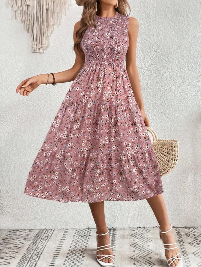 Sommer-Blumenprint ärmelloses Rundhalskleid hohe Taille und dünnes Design Europäisches und Amerikanisches bedrucktes Kleid