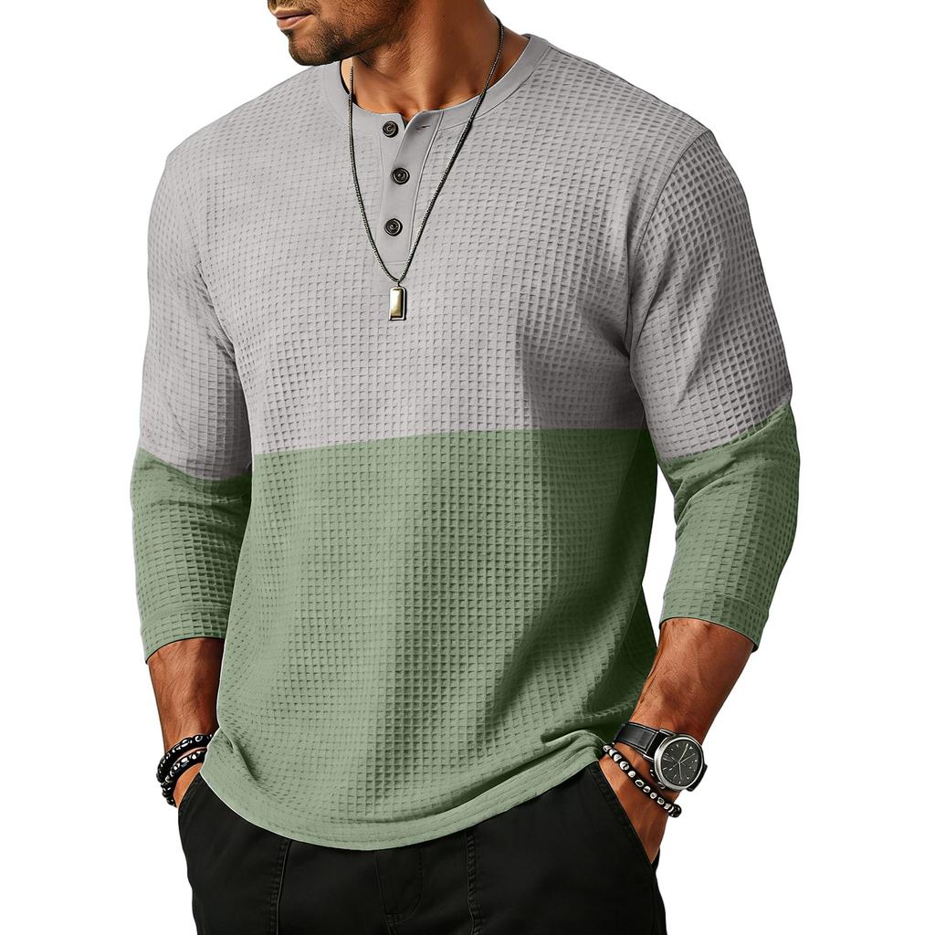 Men Knit Long Sleeve Henley Shirt Casual Crewneck Button Down Patchwork Pullover Top for Everyday Wear