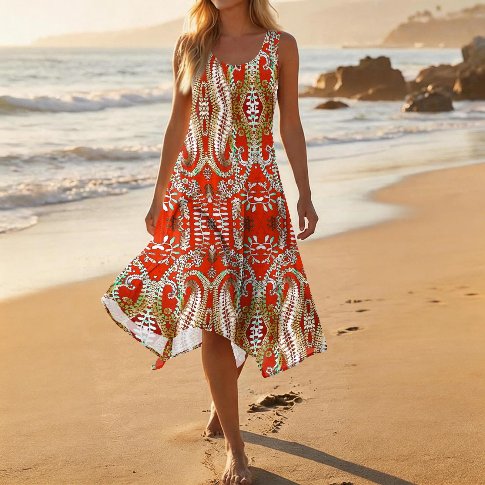 Ärmelloses lockeres Midi-Kleid mit abstraktem Print für Damen, lässiges Sommer-Leichtes fließendes Sommerkleid, Rundhalsausschnitt XL rot