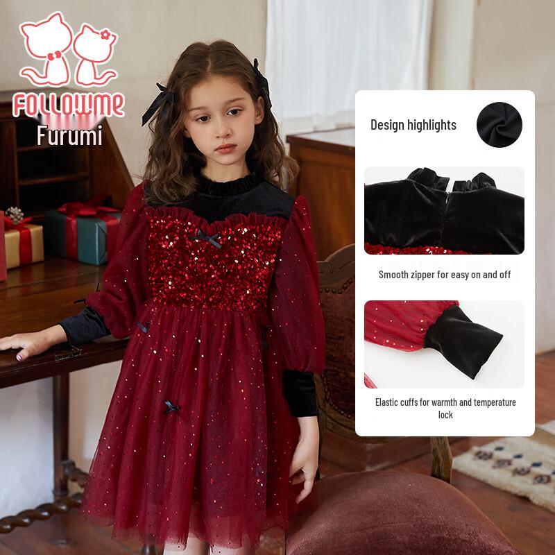 FULOMI Girls Winter French Sweet Sequin Princess Mesh Dress 105
